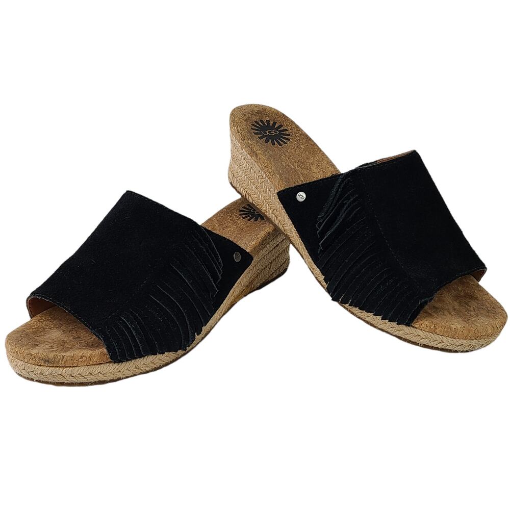 Uggs black suede fringed espadrille slides, EUC, size 7